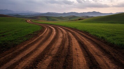 Obraz premium Winding cracked dirt road leads through expansive countryside, surrounded by lush green fields and distant hills beneath an overcast sky, inviting exploration