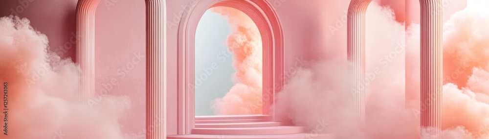 Poster dreamy pink architectural arches and columns amidst ethereal clouds