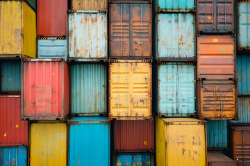 Photo - Colorful Shipping Containers Stacked High - Logistics, Freight, Cargo, Export, Import, Trade, Global, Transportation, Supply Chain, Maritime