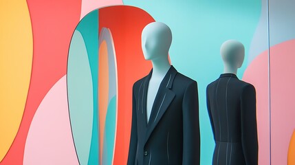 Surreal scene with human mannequins reflecting in a mirror against a pastel wall, addressing social issues and mental health