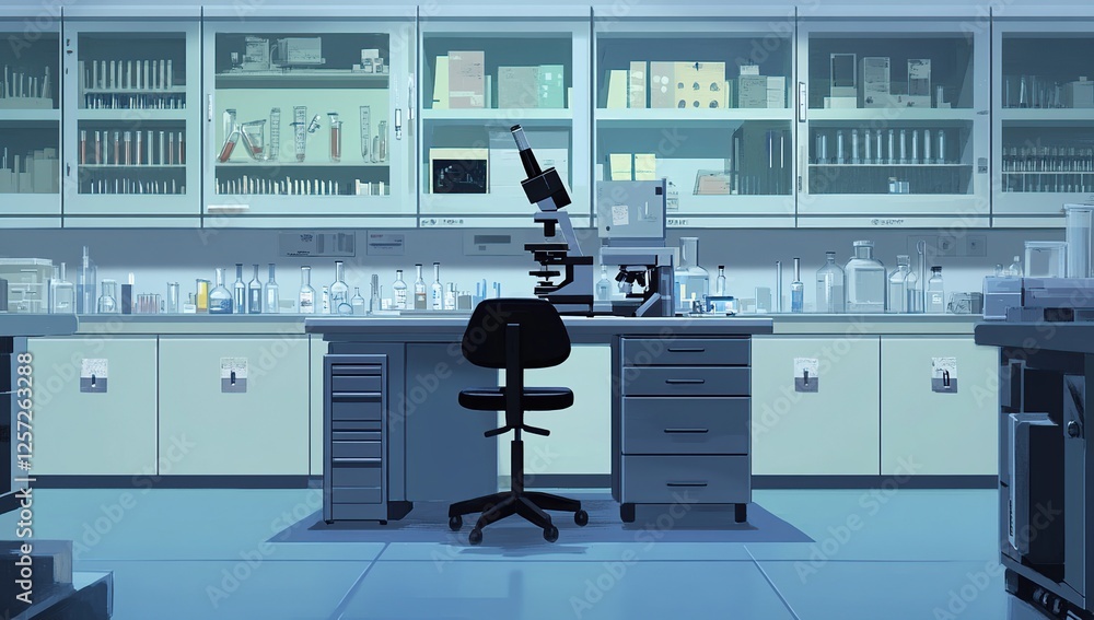 Poster exploring a sterile laboratory: microscope research and scientific experiments in a modern setting