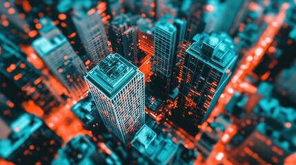 Obraz premium Aerial view of a modern cityscape illuminated at night with striking blue and orange lights highlighting the skyscrapers.