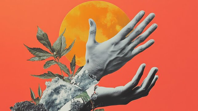 Surrealistic collage with human hands extending from an abstract shape, representing the boundless nature of creativity