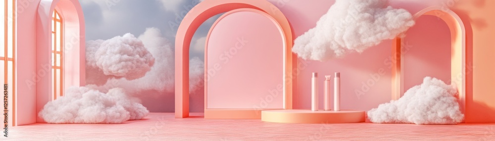 Poster abstract pastel scene featuring clouds arches and product display