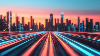 Fototapeta premium Bright city skyline at sunset with vibrant light trails creating a stunning visual effect.