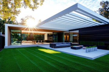Fototapeta premium Contemporary Modern House with Outdoor Living Space at Sunset