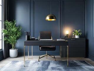 Fototapeta premium Modern home office, dark blue walls, gold accents, desk, chair