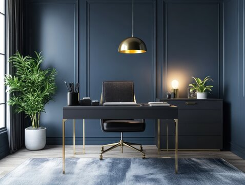 Modern home office, dark blue walls, gold accents, desk, chair