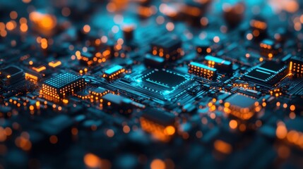 Close-up of a vibrant circuit board with glowing components, showcasing modern technology and intricate electronic design.
