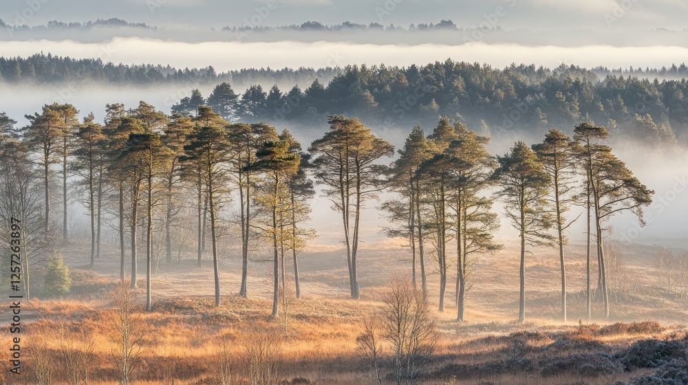 Poster pine trees stand in a field shrouded by morning fog