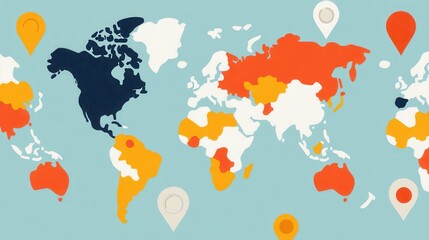 Naklejka premium Colorful world map illustration with location markers, perfect for educational, travel, or geographic themes.