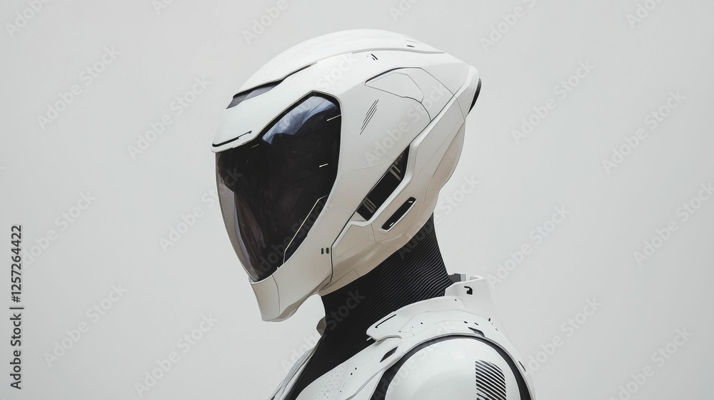 Aufkleber futuristic white robot with helmet profile on plain background for technology and innovation themes