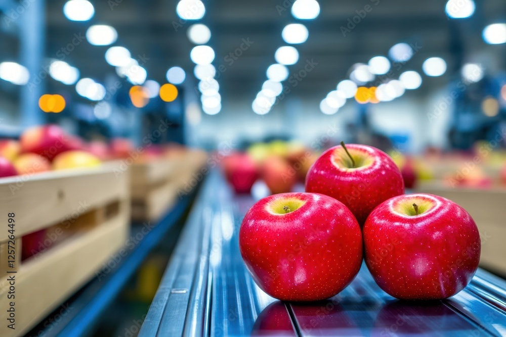 Poster two red apples on a wooden bench in a grocery store setting with fresh produce around