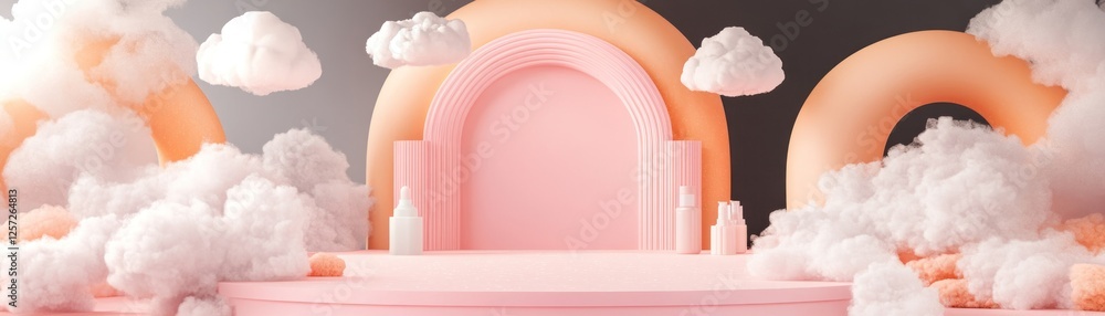 Poster pastel pink platform display with clouds and geometric shapes