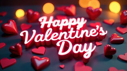 Happy Valentine's Day card,  3D lettering, roses and hearts on pink background	

