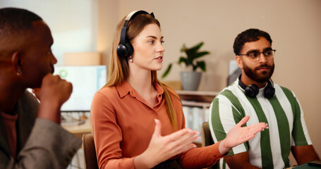 Computer, manager or people learning customer service, telecom or online support in coaching. Leadership, lead generation or virtual assistant training for inbound sales, call center help or question