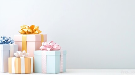 Obraz premium Pastel gift boxes with bows on white table, minimalist background; ideal for celebration greetings