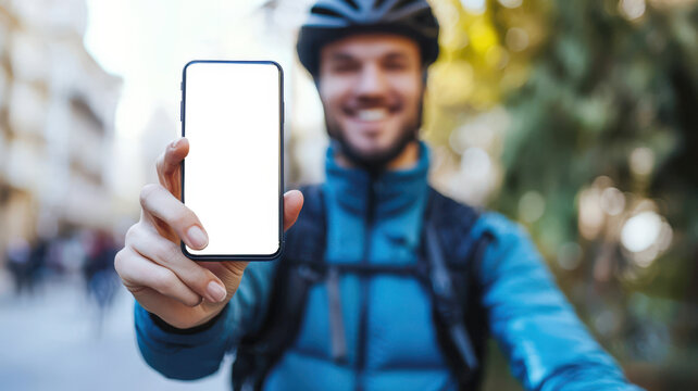 A cyclist with a white-screen mobile phone in his hand rides through the city. Phone mockup.  A guy in a bicycle helmet