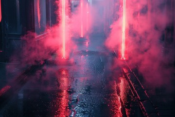 ing old wet asphalt neon lights street with smoke on black background