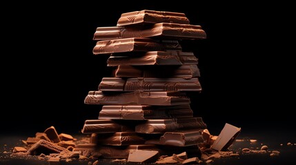 Stack of chocolate bars on a dark background.