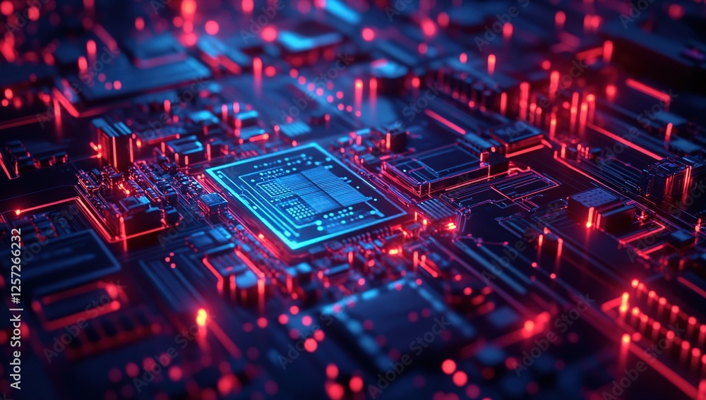 Poster exploring circuit board design: microchip architecture and technology's advancement