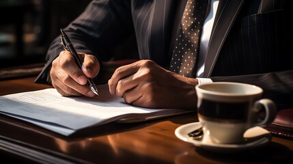 Professional writing at a wooden desk.