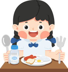 Giel student is sitting at the table eating a meal