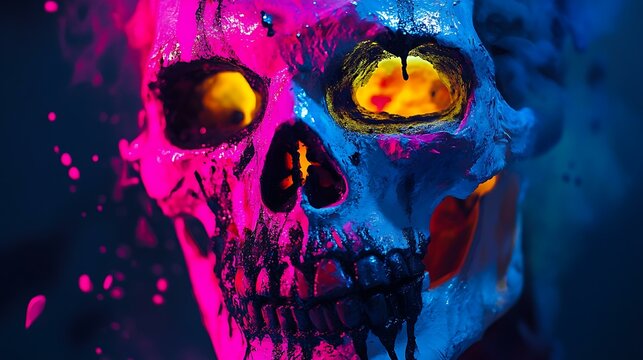 A skull covered in vibrant paint with a neon glow, creating a spooky and artistic Halloween or Santa Muerte-inspired composition
