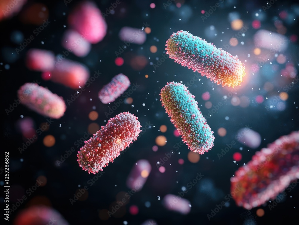 Poster group of bacteria floating in the air under a microscope revealing microbial details and shapes