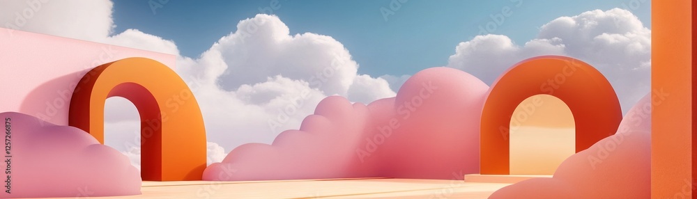 Poster Dreamy scene with cloud shapes and archway structures