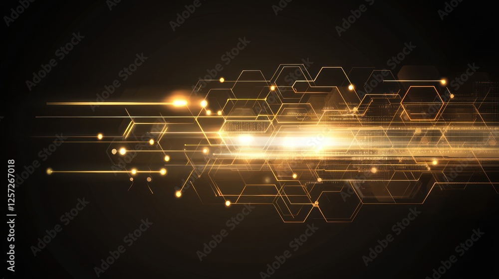 Poster Abstract glowing hexagonal network moving toward bright shining light