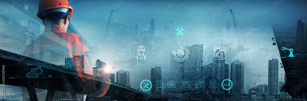 Poster structural engineer or foreman worker planning building construction project with software and moder