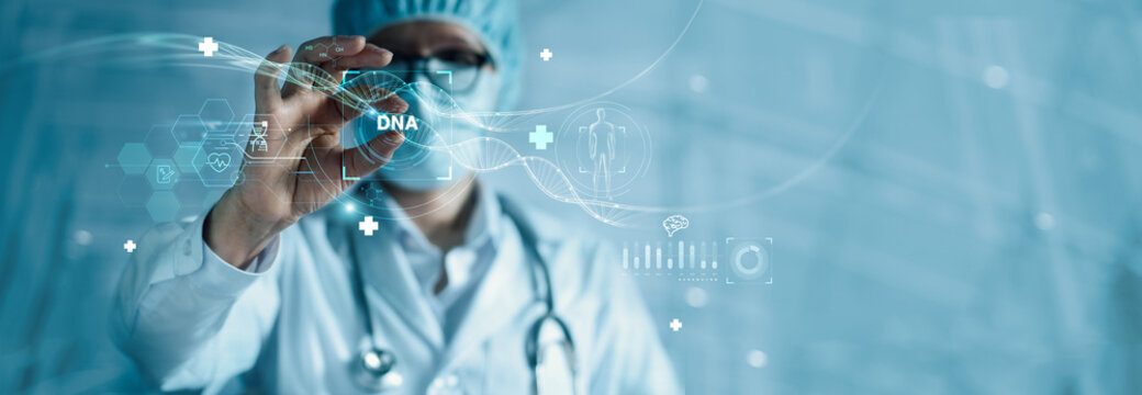 Abstract DNA molecule. Doctor cutting DNA molecule and check with analysis chromosome DNA genetic of human with ai virtual interface. Medicine. Ai technology, Medical Genetic science and biotechnology - Powered by Adobe