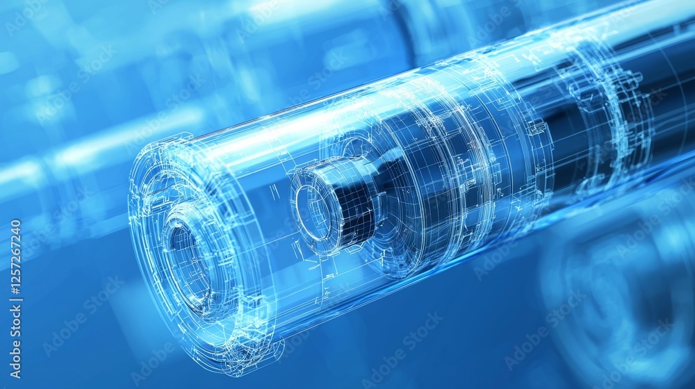 Poster advanced technology blueprint of a transparent electronic component with digital overlay and blue ba