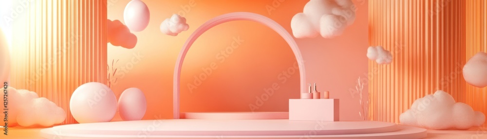 Aufkleber minimalistic peach podium scene with clouds and spherical shapes