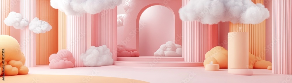 Poster pink dreamy scene featuring clouds columns and an arched doorway