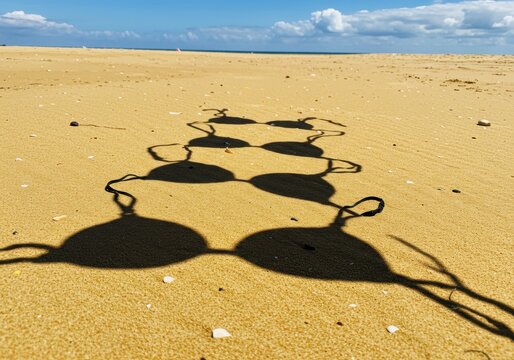 Shadow of bikini tops on sandy beach under sunny skies
