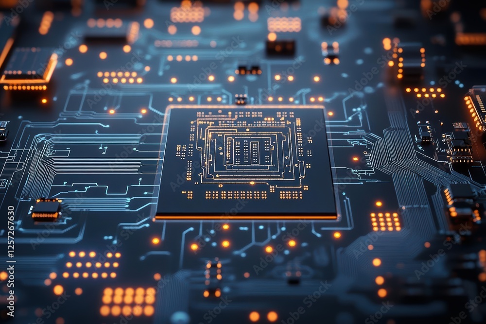 Poster Close-up view of a detailed circuit board with intricate electronic components and connections