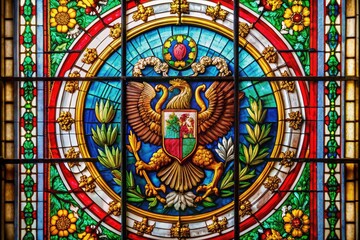 Obraz premium A breathtaking minimalist Mexican coat of arms shines in colorful stained glass, a perfect patriotic window art piece.