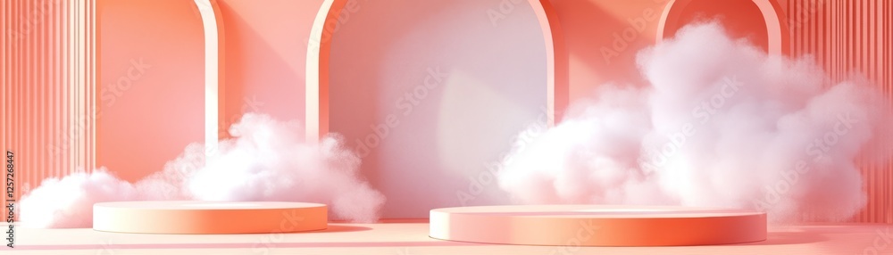 Poster Elegant display featuring minimalist platforms with fluffy clouds backdrop