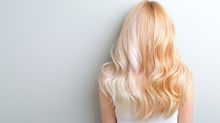 Naklejka premium Woman's blonde wavy hair, studio shot, gray background, hair salon advertisement