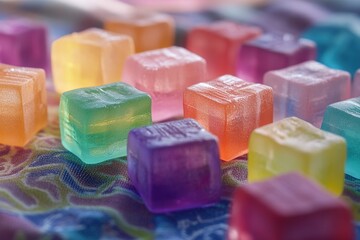 Vibrant Colorful Cubes: A Close-Up View of Jewel-Toned, Translucent Candies Arranged on a Textured Surface