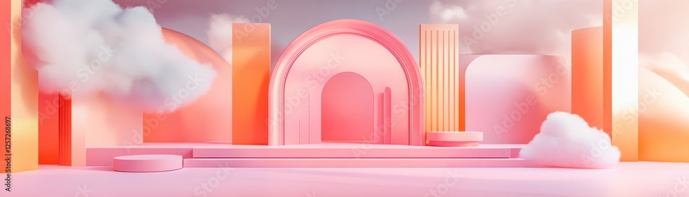 Aufkleber whimsical pastel setting features architectural elements and fluffy clouds