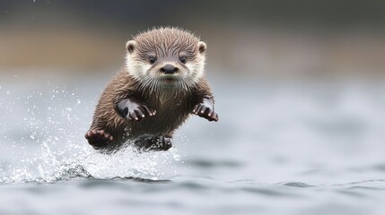 Baby otter leaps from water surface with splashing water