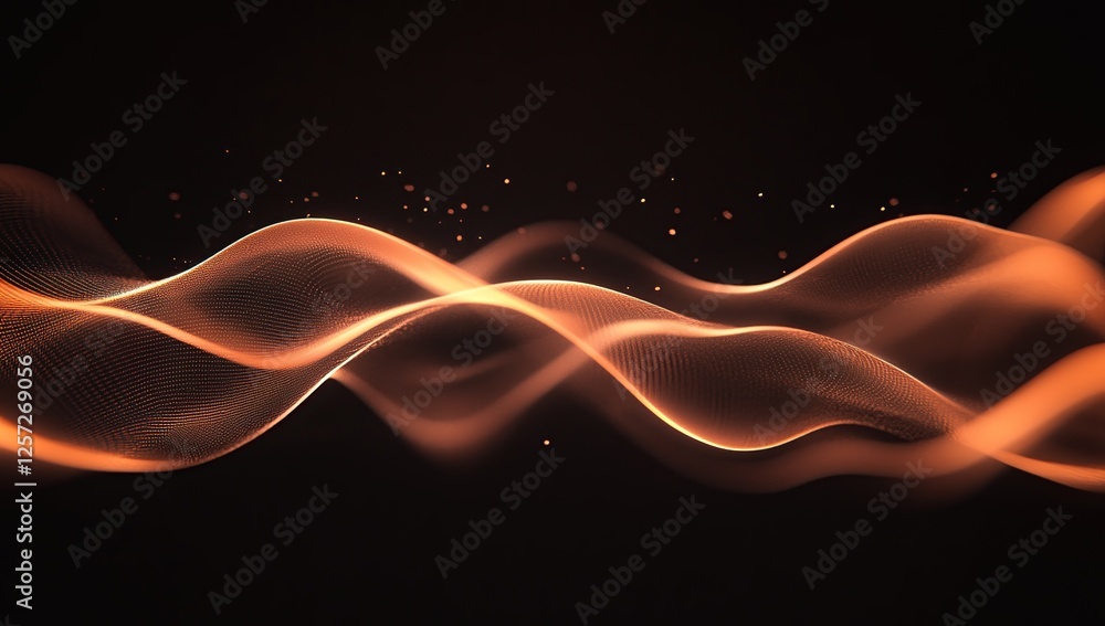 Poster abstract orange waves flowing dynamically in dark background, shimmering with glittering particles: 