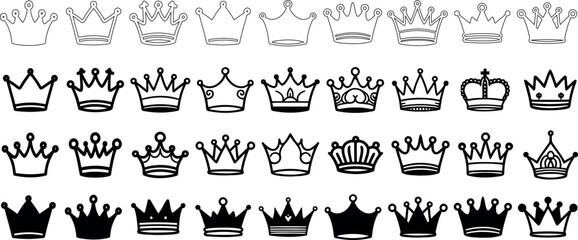 hand drawn crown icon vector set, black royalty symbols, luxury, elegance, hand drawn king, queen, monarchy, imperial, vintage crown vector set,  minimal ornate regal royal graphic design elements