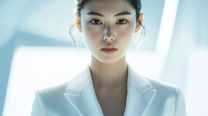 強いライティングで際立つ白スーツの日本人女性のモダンポートレート