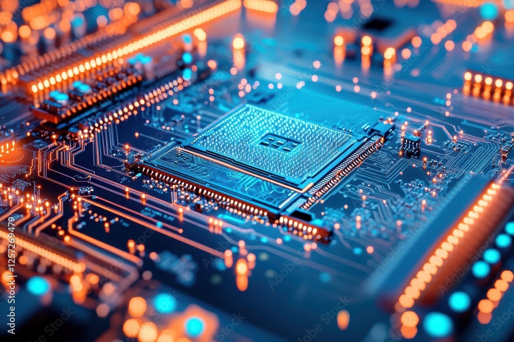Poster Computer circuit board with blue circuit design and electronic components on a technology background