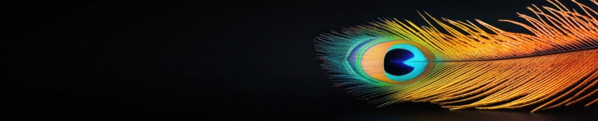 Obraz premium Peacock feather with glowing rainbow accents on a black background