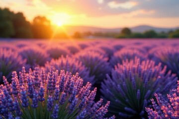 Fototapeta premium Lavender field bathed in golden morning light, view, beautiful